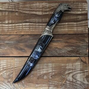 FIXED-BLADE BOWIE KNIFE | Wolf 11.25" Black Blue Silver Blade Hunting